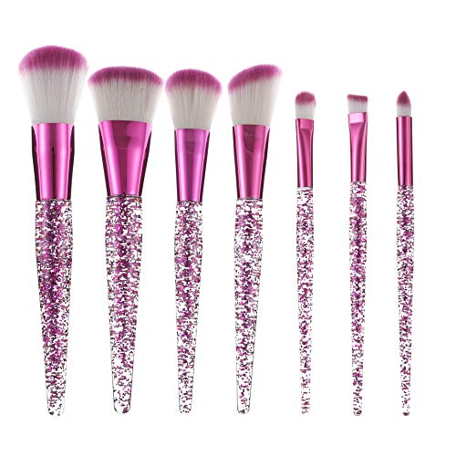 Glitter professional Make up Brush set-7Pcs Makeup brushes kit with transparent crystal handle for foundation powder blush blending eyeshadow with golden comestic bag. (Rose Red)