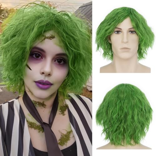 PARXITN Herren Perücke Synthetische Kurze Lockige Perücke Cosplay Mode Flauschige Lockenperücke Halloween Fancy Dress Kostüm Perücken für Unisex Sattgrün