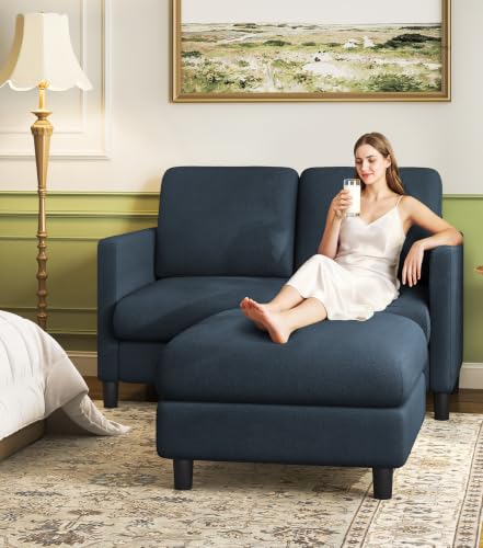 Image of Welzona Loveseat Sofa with Ottoman, 51 inch Small L Shaped Teddy Couch Sofa | Comfy Teddy Fabric, Tool-free Setup, Washable Covers, All-wood Couch Sets for Living Room, Bedroom, Small Spaces, Blue Grey