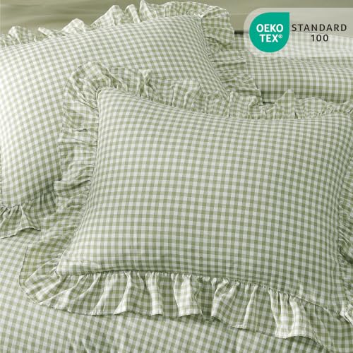 Image of Queen Comforter Set Green Gingham Ruffle 7 Pieces Farmhouse Bed in a Bag | Shabby Chic Fluffy Bedding Sets with Sheets, Pillowcases & Shams