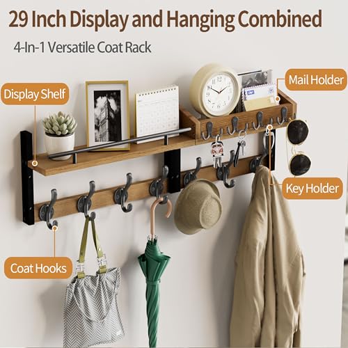 Image of 29 inch Coat Rack Wall Mount with Shelf, Entryway Wall Shelf with Hooks, Heavy Duty Coat Hanger Wall Mount with Key Holders and Mail Organizer for Living Room, Bedroom, Wooden Brown & Black