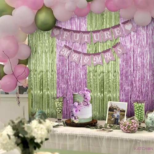 Image of KatchOn, Sage Green & Pink Fringe Backdrop Curtain - Pack of 2 | Fringe Curtains for Boho Birthday Engagement Anniversary Baby Shower Bachelorette Decorations Sage Green and Pink Party Decorations