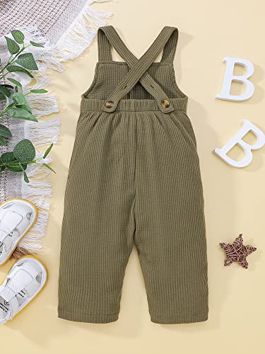 Focusnorm Infant Toddler Baby Girl Boy Overalls Striped Solid Waffle Bottom Pants Button Up Bodysuit Romper With Pockets (Army Green, 6-12 Months) #TOP5