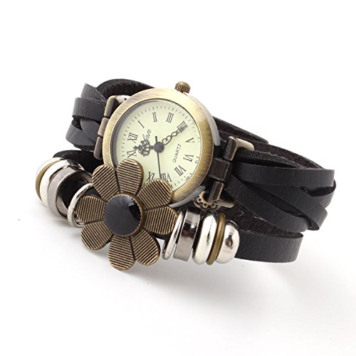 Ashiana Stylish Black Leather Flower Bracelet Style Watch (B00QVC60SW) Amazon Price History, Amazon Price Tracker