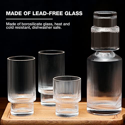 Bedside Water Carafe And Glass Set, Gencywe 28 Oz Pitcher & 6 Oz Cups, Vintage Glass Bedside Water Serving Carafe With Cup Set For Kitchen, Bedroom, Clear Juice Pitcher With Tumbler Glass (2-Piece) #TOP3