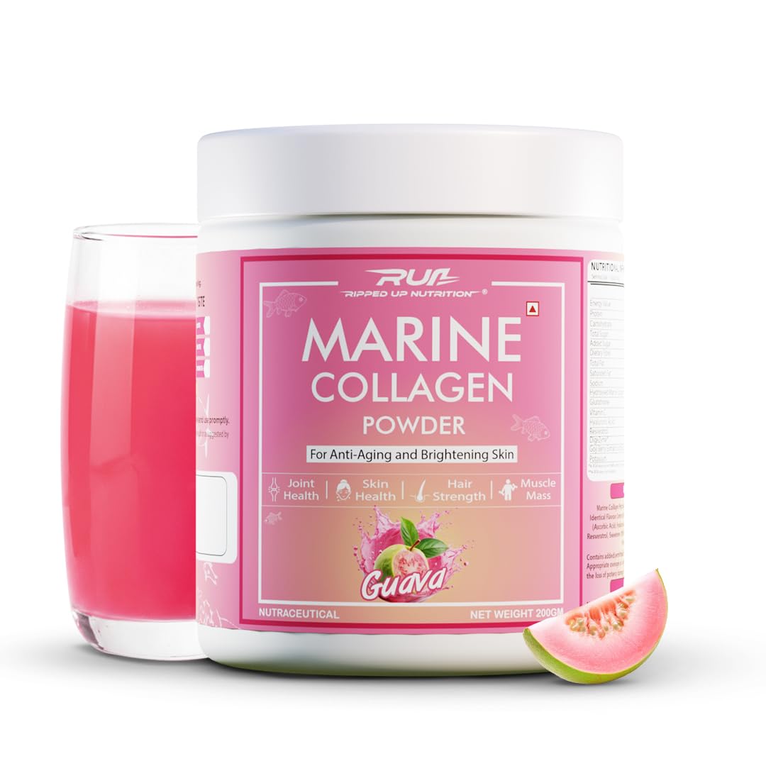 Ripped Up Nutrition Marine Collagen - 200g, | 8.9g Pure Collagen, 200mg Glutathione, 50mg Goji Berry | Clinically Proven Formula | Skin Glow, Anti-Aging, Hydration, Hair & Nail Health | No Fishy Smell (200Gm, Guava)