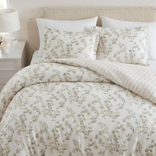 Image of Martha Stewart - Queen Comforter Set, Soft Cotton with Crisp & Tailored Naturally Smooth Cotton Percale Reverse, 3 Piece Bed Set with Matching Pillowcases (Hazel Floral Beige)