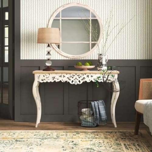 Image of Wooden Carved Console Table in Solid Mango Wood with Antique White Distress Finish for livingroom, Hall, enterway, Office (Large 4ft)