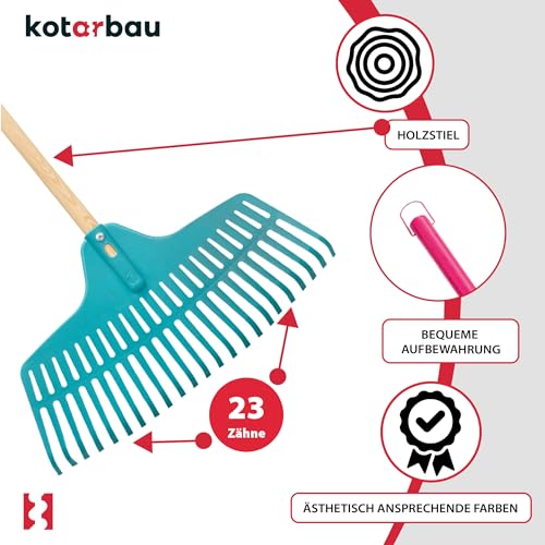 Foto von KOTARBAU® Garten-Rechen aus Kunststoff mit 23 Zinken Gartenharke mit Holzstiel 150 cm zum Lockern von Boden Laubbesen für Blumenbeet Handharke Gartengeräte Gartenwerkzeug