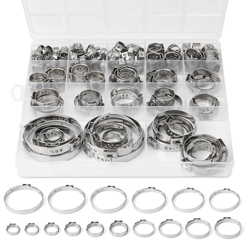 Sieqioor 117PCS 16 Sizes Single Ear Hose Clamp, 304 Stainless Steel Ear Clamp Kit(5.3-48.5mm), Stepless Hose Clamps Cinch Rings for Automotive, Home Appliance Line and Plumbing.
