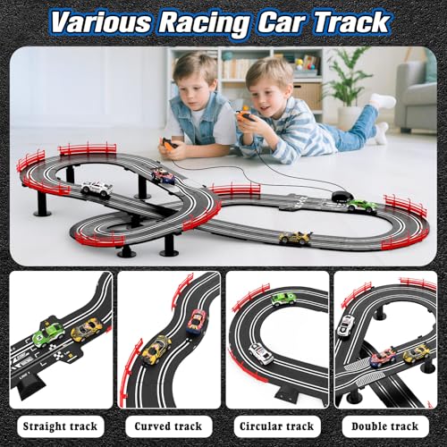 3-in-1 Slot Car Race Track Sets with 4 High-Speed Cars, Electric Track, Dual Racing Game with Lap Counter & 2 Controllers, and Circular Overpass Design – Toy Gift for Boys Kids Ages 4-6 6-8 8-12