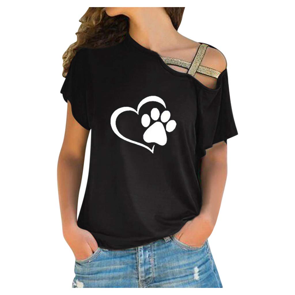 MOHOLL Women Fashion Valentine's Day Shirts Casual Short Sleeve Cold Shoulder Crew Neck Pattern Print Soft Tops Blouse