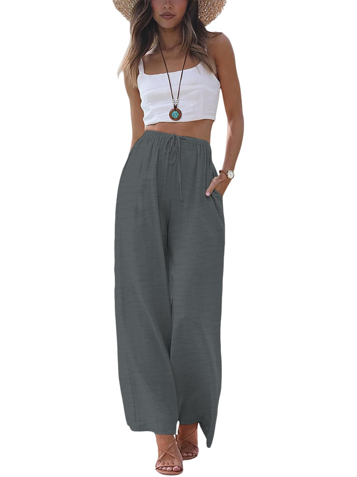 Cuptacc Sommerhose Damen Leicht Damen Hosen Elegant Sommerhosen Lang Bequem Stoffhose Weitem Bein Dunkelgrau XL