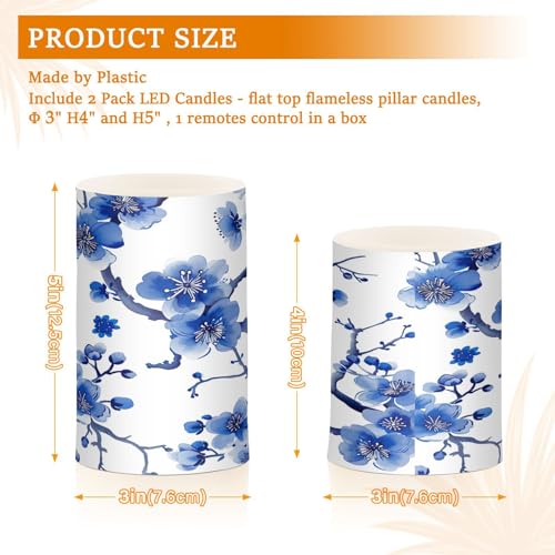 Image of Blue Peach Blossom Flameless Candles - Set of 2, Battery Operated Pillar Candles for Home Decoration, Christmas, Party