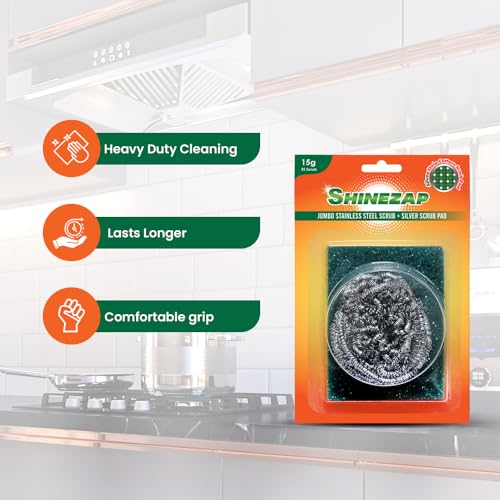 Image of Shinezap Jumbo Stainless-Steel Scrub & Silver Scrub PAD Combo in Each Pack | 30g | Ideal for Fast Clean, Long Life and Non-Rust 100% Stainless Steel | Deep Stain Removal