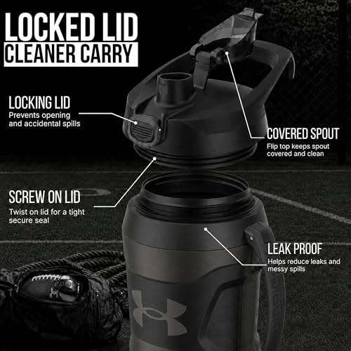 Image of Under Armour Insulated Water Bottle with Handle & Fence Hook, Half Gallon Sports Water Jug, Leak-Resistant & BPA-Free for Baseball, Football & Gym - Jet Grey /Black, 64oz