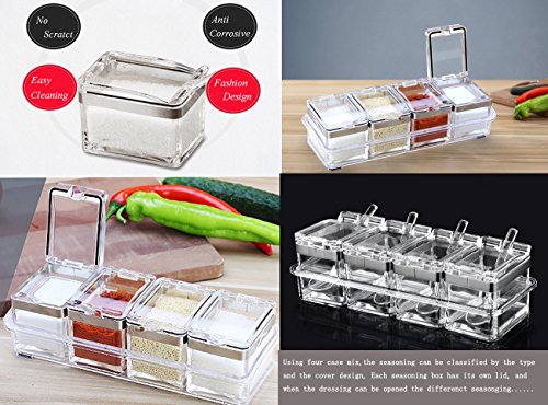 Tenta Kitchen Gourmet Acrylic Seasoning Box - Premium Quality Pure Acrylic Container And Case- 18/8 Stainless Steel Ring - 4 Serving Spoons -Luxurious Condiment Cruet Bottle, Spice Jar Set #TOP6