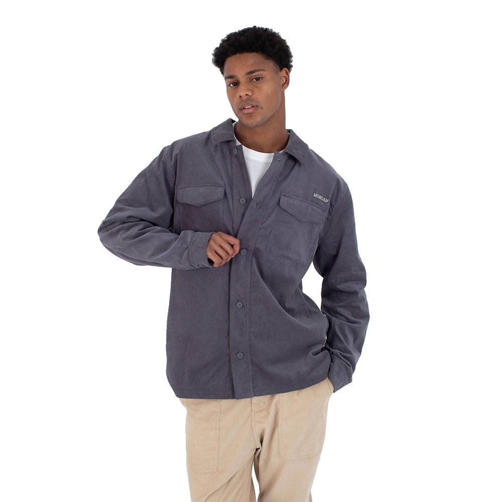 Hurley Mens Long Sleeve - Lido Cord Shirt, Gray, M EU