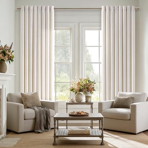 Image of 105 Inch Curtains Natural Linen 2 Panels Grommet Drapes Off White | Custom, Ivory, Light Filtering, Burlap, Textured Drapes, Privacy, Boho, Farmhouse , for Sliding Glass Door, Bedroom, 52x105