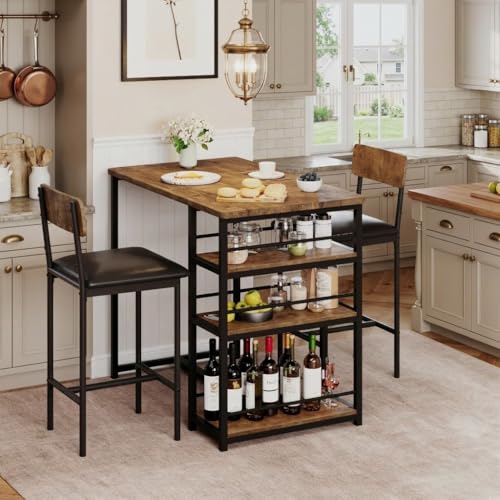 GarveeLife Dining Table Set for 2, Counter Height Kitchen Table with 2 Upholstered Bar Stools, Dining Table and Chairs Set with Storage Shelves, for S