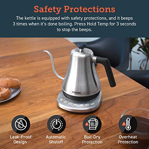 Cosori Gooseneck Electric Kettle with 5 Variable Presets, Pour Over & Coffee maker, 100% Stainless Steel Inner Lid & Bottom, 1200 Watt Quick Heating, 0.8L, Silver by Cosori - Used condition - Image 7