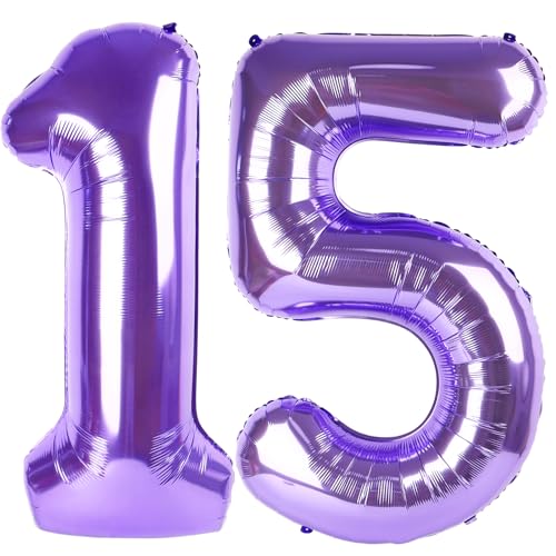 Image of Number Balloons 15 Balloon Purple for 15 51 Birthday Decorations, 40 inch | Saturated Color, Large 40 in, With Straw & Hanging Hole, For Back-to-School Season, Wedding, Christmas, New Year, Anniversary