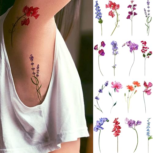 15 Sheets Watercolor Flower Lavender Temporary Tattoos For Women Adults, Water Color Tiny Wild Floral Tattoo Sticker, Fake Tattoos That Look Real And Long Lasting