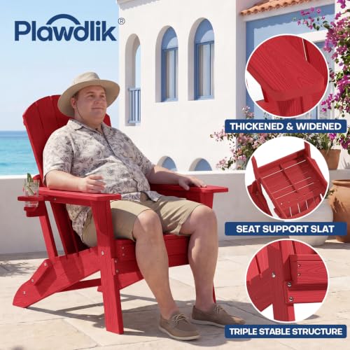 Image of Plawdlik Folding Adirondack Chair Set of 3, Cup Holder, Red | pin-free folding, 38-in tall back, Wood-grain All-weather HDPE; for fire pit, poolside, deck, backyard, patio