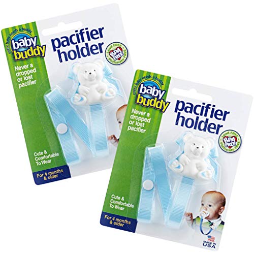 Image of Baby Buddy Bear Pacifier Holder Clip Snaps to Paci, Teether, Toy, Clips to Baby's Shirt, Pacifier Clip - Babies 4 Months & Up/Toddler Boys & Girls, Pacifier Holder, Baby Must Haves, Light Blue, 2 Ct