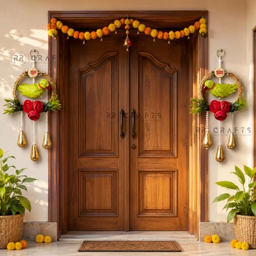 Image of Shubh Labh Door Hangings (1 Pair) - Parrot Hangings for Door Entrance, Home Mandir, Diwali Decoration,Festive Decor,Ganpati Decor,Pooja Room Decor, Home Temple Decoration Items