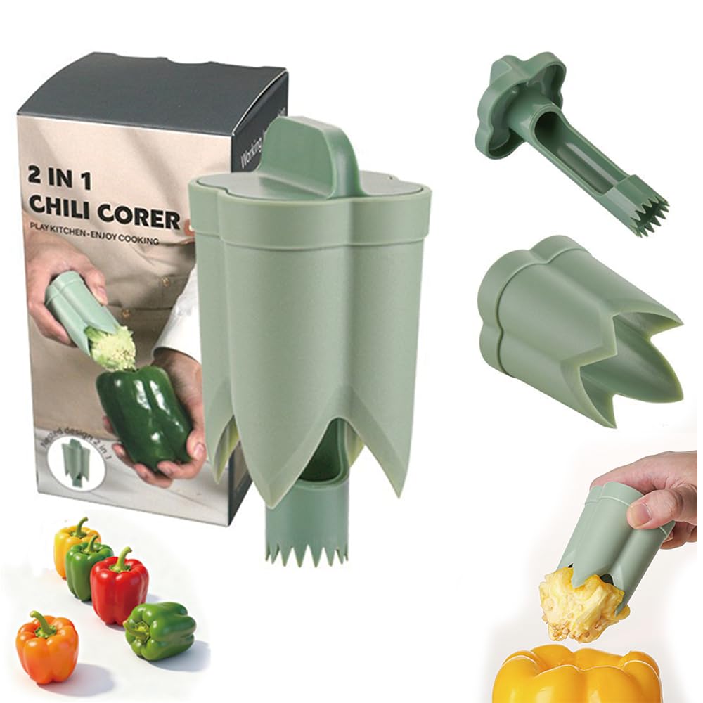 Pepper Seed Corer Remover - 2026 Upgraded 2-in-1 Bell Pepper Cutter & Deseeder: Effortlessly Streamline Your Kitchen Prep for Faster, More Efficient, & Hassle-Free Meal Prep (1, Green)