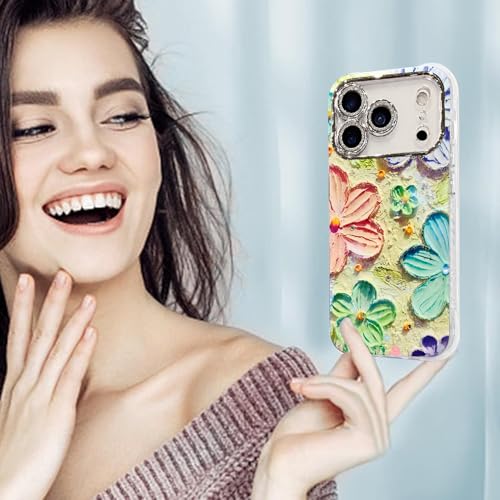 Image of Elzzi Compatible with iPhone 17 Pro Max Case Oil Painting Flower Colorful with Lens Prtotection Shockproof PC+TPU Glossy Back Cover for Girls Women, Pink