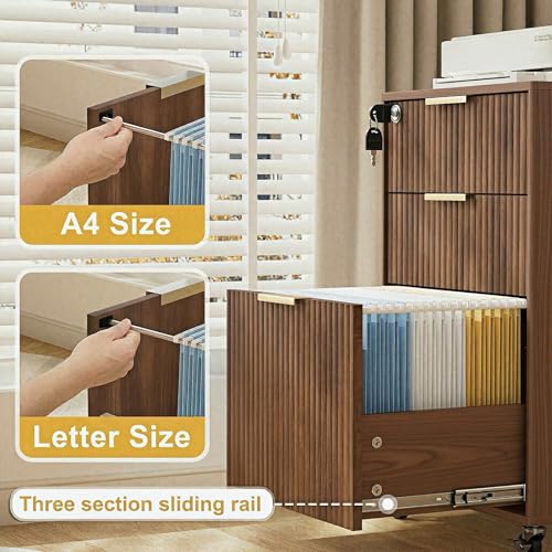Image of 3 Drawers Fluted Mobile File Cabinet with Lock, Rolling File Cabinet Printer Stand Table, Under Desk Wooden Filing Cabinets for Home Office Essentials Storage Organization Furniture Letters /A4(Walnut)