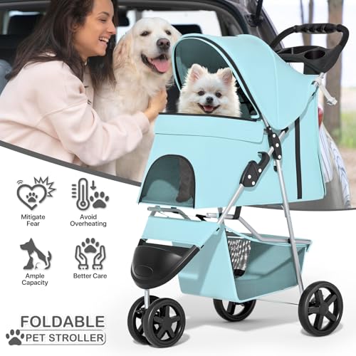 Image of MoNiBloom 3 Wheels Pet Dog Cat Stroller for Small Medium Dogs Cats, Lightweight Foldable Jogger Stroller w /Storage Basket and Cup Holder, Mint Green