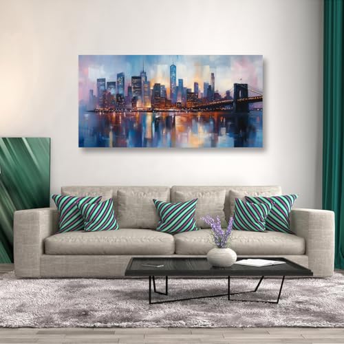 Image of Abstraction Pictures Canvas Wall Art for Living room Office Bedroom Wall Decor,City Wall Art Print Paintings Modern Blue Great bridge Artwork Waterproof Ready to Hang-20x40inch