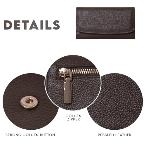 Image of Genuine Leather Women's RFID Blocking Trifold Slim Clutch Wallet with 12 Card Slots, 1 ID Window, and 4 Cash Slots
