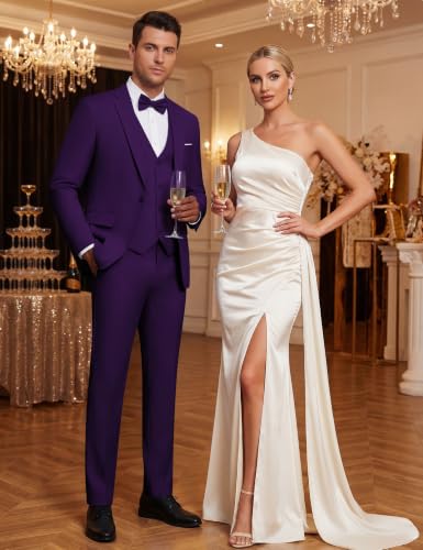 Image of WULFUL Men's Slim Fit Suit One Button 3-Piece Blazer Dress Business Wedding Party Jacket Vest & Pant