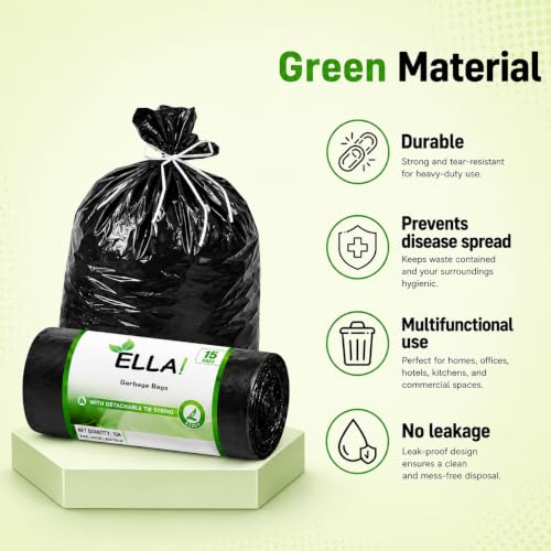 Image of ELLA Garbage Bags 24x32 Inches | 105 Bags (7 Rolls x 15) | Black | Large | Durable Leak-Proof Dustbin Covers for Home, Kitchen, Bathroom & Office