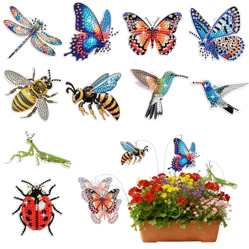 Muzagroo Art 10 Pcs Diamond Art Kits for Garden Decor Butterflies Hummingbirds Swaying in The Wind Insects Diamond Painting Kits for Adults with Iron Stakes Garden Decor Gem Art Kits Adults Crafts