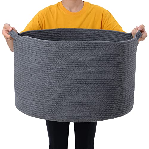Image of Proate XXXL Large Dark Gray Woven Cotton Rope Basket Blanket Baskets Living Room 22"x22"x14" Blanket Storage Laundry Hamper Baby Nursery Toy Pillow Storage Organizer Laundry Baskets Bins