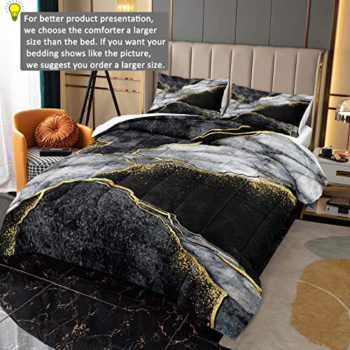 Black Marble Comforter Set Gold Metallic Marble Comforter Black Gold Abstract Marble Texture Printed Boho Hippie Down Comforter Queen 1 Comforter 2 Pillowcases (Queen, Marble) #TOP1