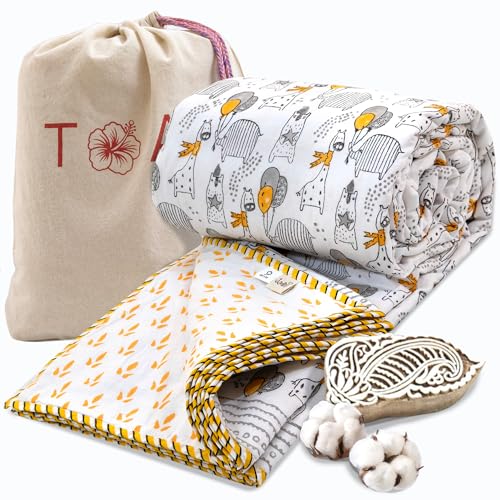Image of TOAIArt Premium Jaipuri Dohar | AC Blanket Summer Quilt | Hand Block Printed | 3 Layers | Reversible | 150GSM 100% Mulmul Cotton | 100% Cotton Flannel Filling | Queen 90 inch X 108 inch |Grey Yellow Cartoon