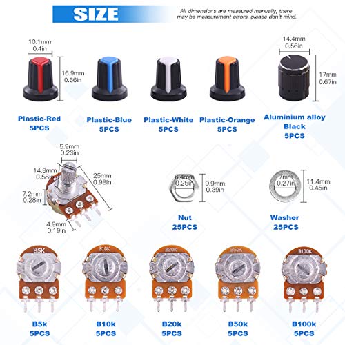 Glarks 50Pcs B5K B10K B20K B50K B100K Ohm Knurled Shaft Linear Rotary Taper Potentiometer With 5 Color Knob, Nuts, Washers For Arduino #TOP1