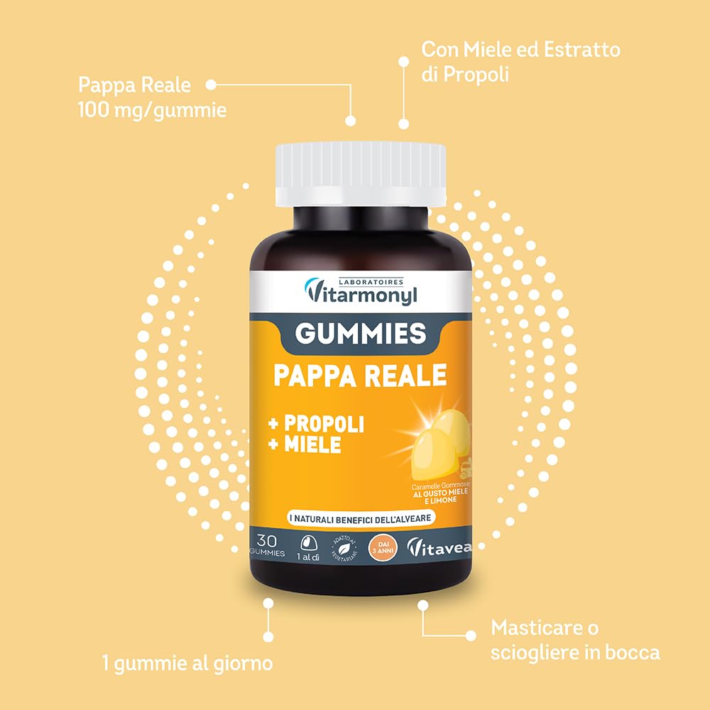 VITARMONYL PAPPA REALE GUMMIES - Con Propoli e Miele - Con Propoli e Miele - Facili da assumere - Per i Bambini +3 - Energia e Vitalità - 30 Gummies - Gusto Limone