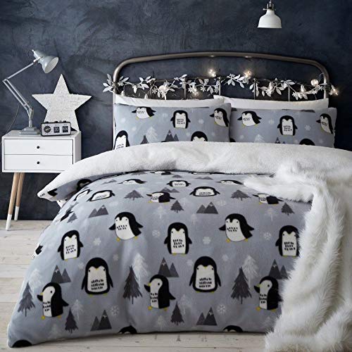 Catherine Lansfield Cosy Penguin - Juego de Funda nórdica para Cama Individual, Color Gris