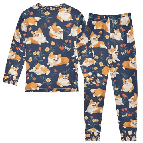 senya Corgis on Flower Garden Pajamas Set Long Sleeve Soft Cotton Sleepwear 2 Piece2