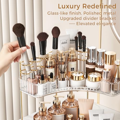 Image of BEFSOP Corner Bathroom Counter Organizer, Upgraded 2-Tier Makeup Organizer Countertop with Makeup Brush Holder, Skincare Exquisite Vanity Organizers Countertop Bathroom Storage Dresser(CLEAR)