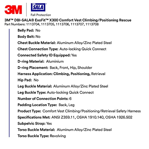 Image of 3M 1113705 DBI-SALA ExoFit X300 Climbing /Positioning /Rescue Safety Harness Fall Protection, OSHA, ANSI, Back, Hip, Front, and Shoulder D-Rings, Auto-Locking Quick Connect Leg and Chest Buckles, Medium