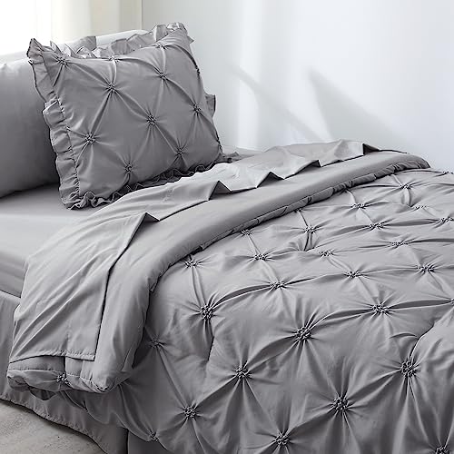 JOLLYVOGUE Gray Bed in a Bag Comforter Set for Bedroom, Pintuck Twin Size Comforter Sets 5 Pieces, Beddding Sets with Comforter, Sheets,Ruffled Shams & Pillowcases