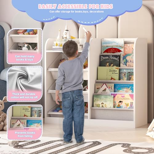 White Kids Wood Bookshelf Toy Storage Box Organizer Shelf W/4 Removable Plastic Toy Bin Children Bookcase Toddler Baby Sling Book Rack Cabinet Girl Boy Gift Playroom Bedroom Nursery Classroom Library - Image 5
